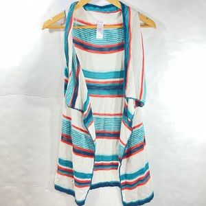 Open Front Draped Sweater Vest Blue Orange Stripe